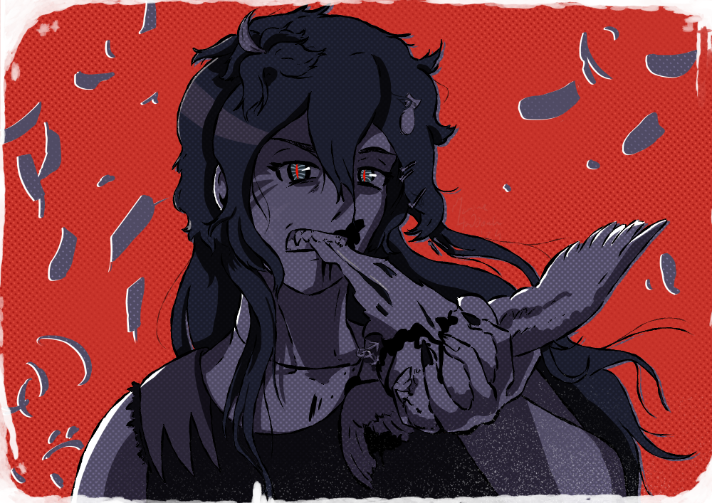 Monotone muted purple on red background. A man with a long mullet grasps a dead dove in his hand, tearing its flesh away with his teeth.