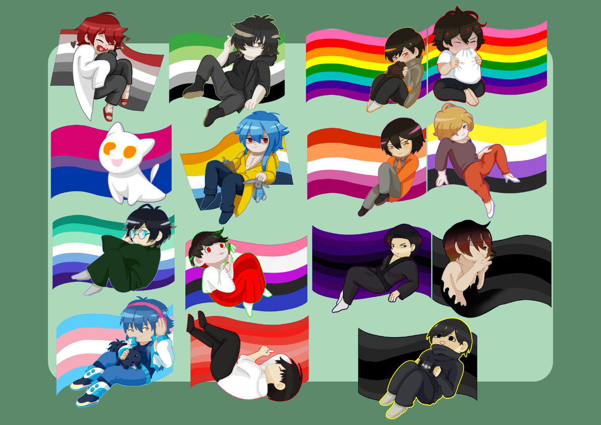 Aka from ZENO with Rabies pride flag, Towa from Slow Damage with Aro flag, Tarou from UuultraC with bisexual flag, Fuyu from ZENO with aroace flag, Tamamori from Hashihime with mlm flag, Shiodome from Ooe with Genderfluid flag, Aoba from Dramatical Murder with trans flag, Oosaki from Ooe with evil mlm flag, Shoutarou and Akira from UuultraC with rainbow pride flag, Shirou from UuultraC with lesbian flag, Suzu from UuultraC with non-binary flag, Juurou from UuultraC with voidsexual flag, Yomi from UuultraC with voidgender flag, Shoutarou from UuultraC with voidgender flag.