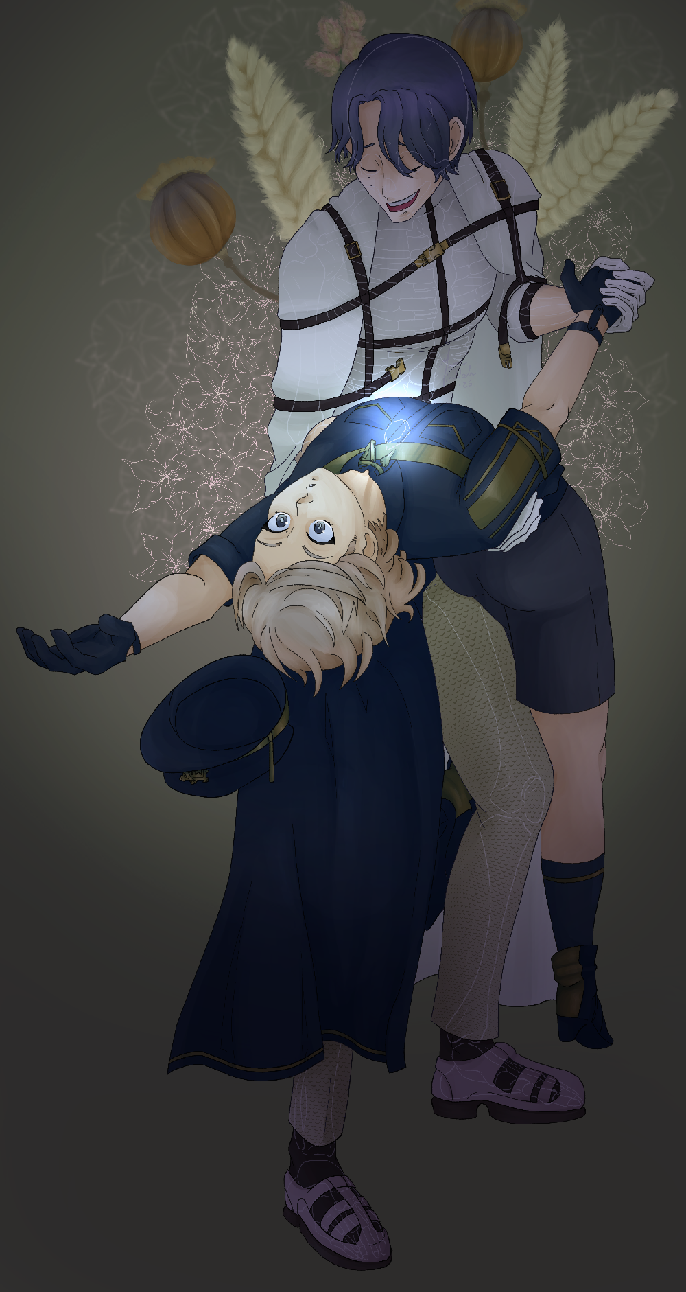Shidou dipping Es over his knee, dried flowers behind him and Es's hat falling off