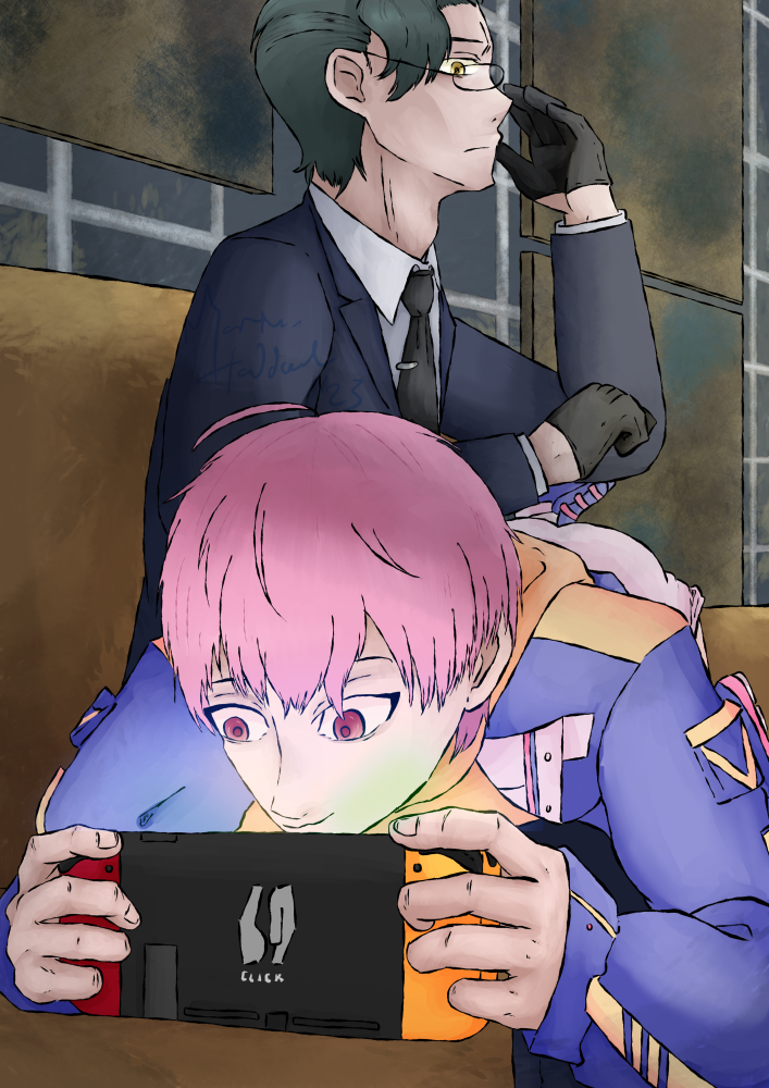 Li Tianchen and Qian Jin from Link Click. Qian Jin is sitting on the couch, with Li Tianchen lying across his lap. Tianchen is focused on playing his switch, which as red and yellow controllers. Qian Jin is looking down at him as he adjusts his glasses and his hand hovers over Tianchen's back.