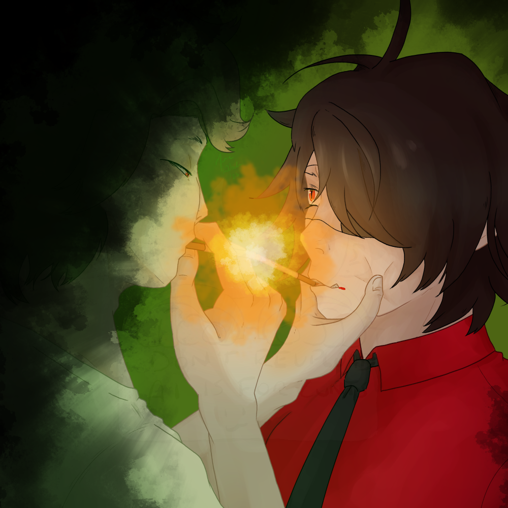 Fanon design for Mei, gripping Shinbashi's face and using Shinbashi's cigarette to light his own. Mei is shrounded in darkness and a green glow while the flame of the cigarette lights Shinbashi's face.