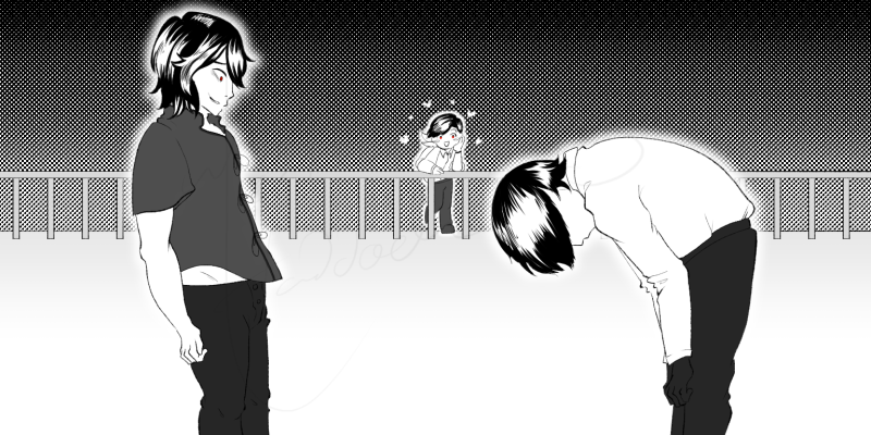 Redraw of the break up panel from Rent a Girlfriend of Oosaki breaking up with Daiba, with Ariake happy in the background.
