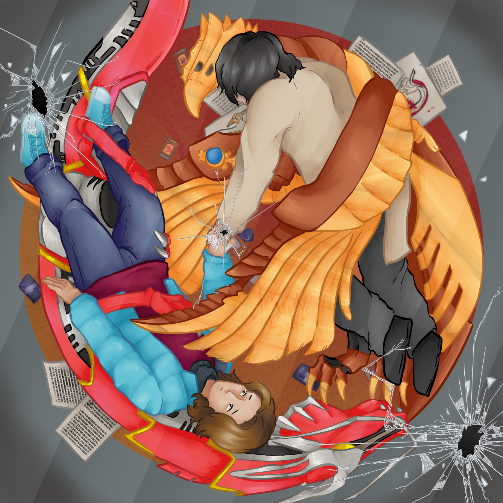 Circular image of Shinji and Shirou from Kamen Rider Ryuki, hands meeting in the middle but glas smashed over where they meet. Shinji is gripped by a lung dragon and Shirou is wrapped in the wings of a phoenix.