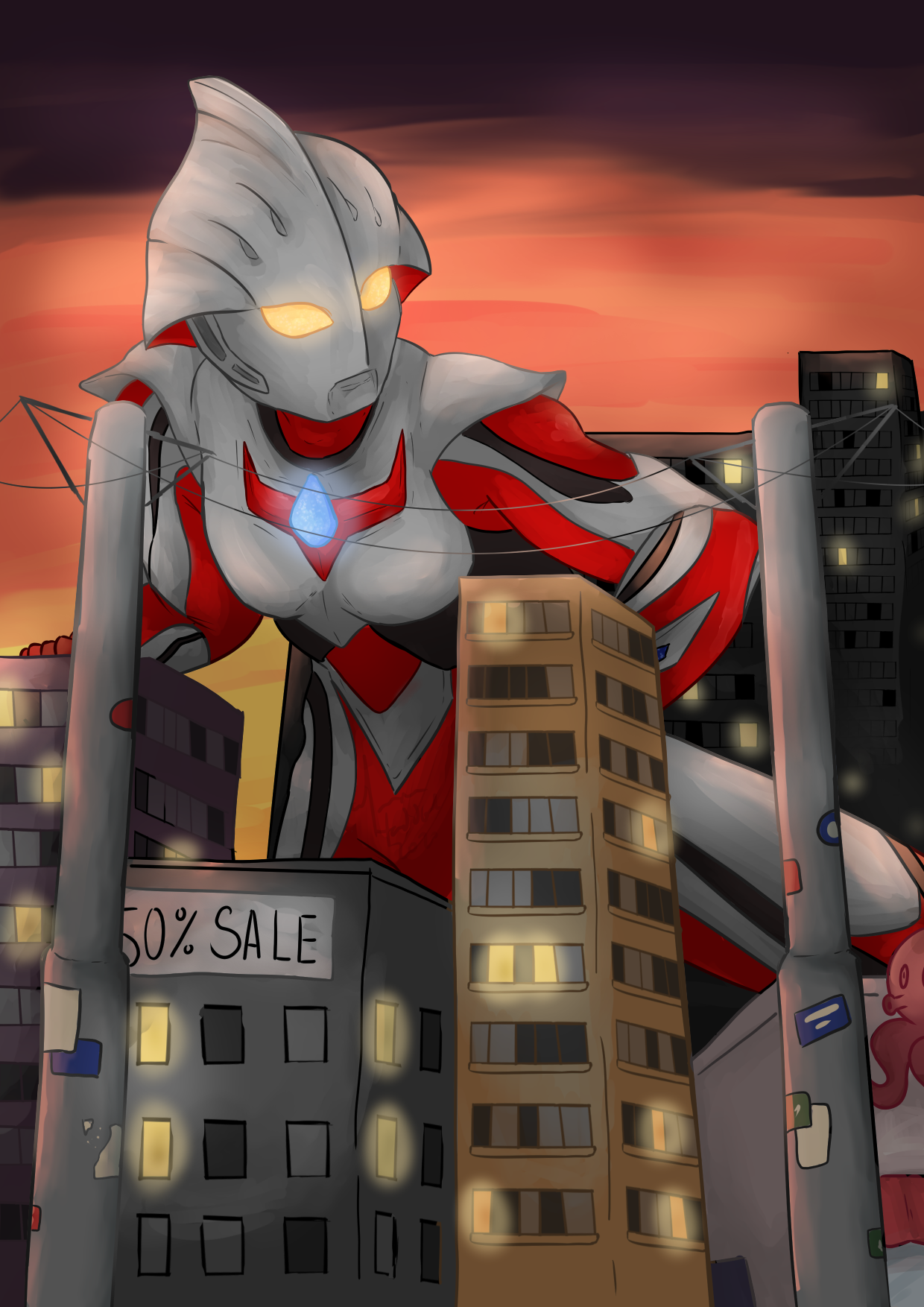 Ultraman Nexus - red - crouching in a city at sunset.
