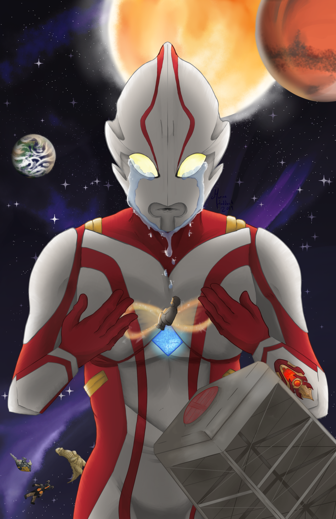 Ultraman Mebius in space as the shuttle crumbles, with Mars, Earth, and the sun behind him.  He's holding Hibino Mirai in his hands as he cries.