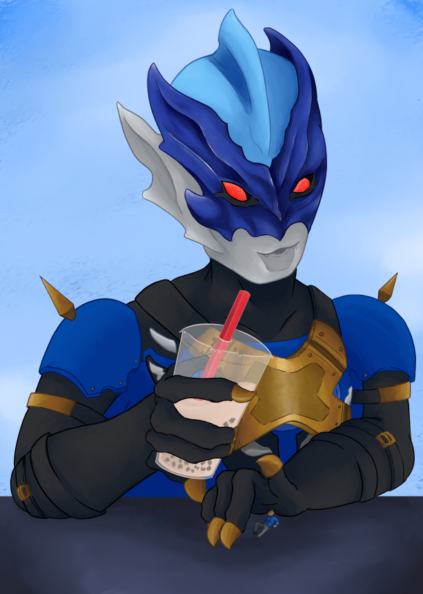 Tregear leaning on a table with boba, Hiroyuki cowering under his hand.